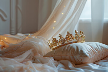 Golden tiara lying on a pillow in girl's room. Generative AI