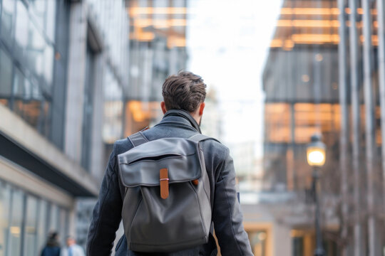 Man with a backpack walking through an urban corridor between high-rises.