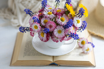 Flower arrangement with daisy and other summer flowers in a white cup. Spring floral composition. Greeting postcard for Mother's or Women's day, birthday, anniversary. Cozy atmosphere
