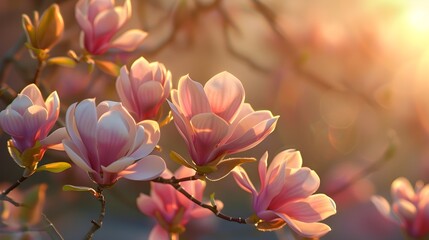 pink magnolia flower on a tree branch at sunset 