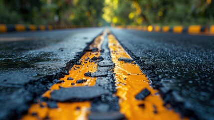 Close up of a vibrant yellow line on asphalt road surface, Blurred background - obrazy, fototapety, plakaty