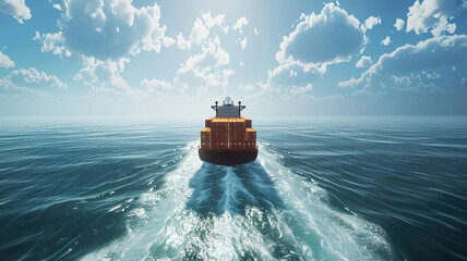 Cargo Ship with Containers Sailing on Calm Blue Ocean, copy space - obrazy, fototapety, plakaty