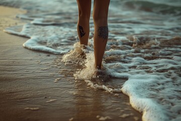 A woman with tattoos on her legs is walking in the ocean