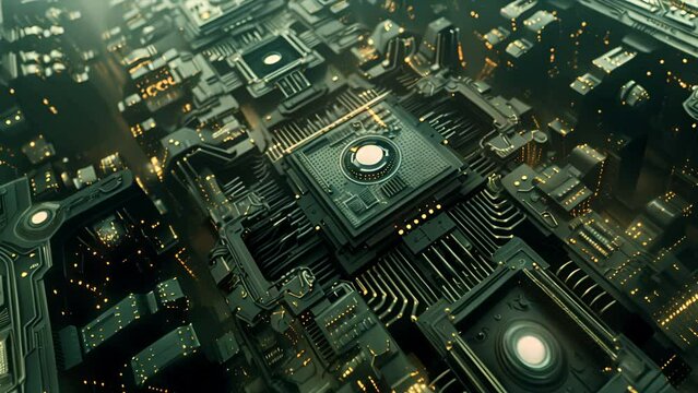 Pulling back from a gray and black futuristic circuit board with many microchips