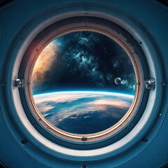 View of the earth from the porthole of a spaceship.