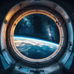 View of the earth from the porthole of a spaceship.