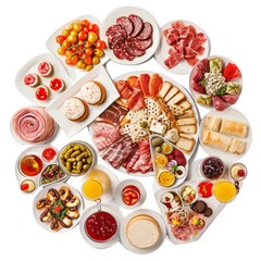 A variety of food including meat cheese and other foods on a white background