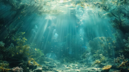 enchanting underwater forest scene with sunbeams illuminating the serene and mystical aquatic landscape - obrazy, fototapety, plakaty