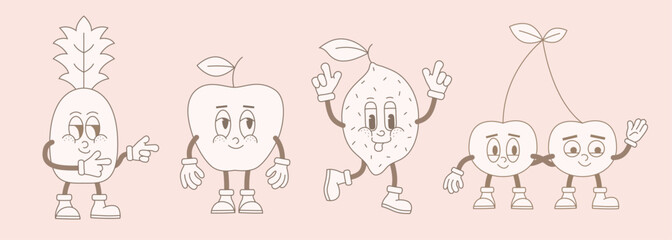 Groovy line beige cartoon fruits. Comic mascot of 60s and 70s funky comic cherry, lemon, pineapple, apple happy smile face, hands and feet