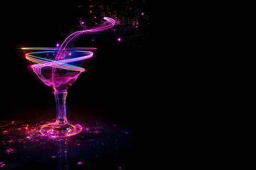 Neon cocktail glass pouring neon glow isolated on black background.