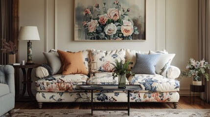 A modern living room with soft-edged floral pattern upholstery on the sofa, complemented by two-tone floral etude cushions, and a large canvas with ink and wash floral print hanging above