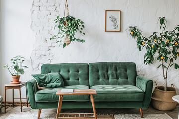 Stylish living room interior with comfortable green sofa and other room accessories.