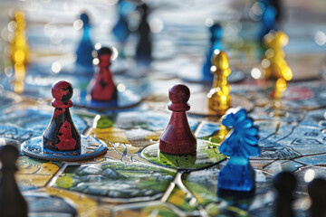 Colorful Board Game Pieces on Map - obrazy, fototapety, plakaty