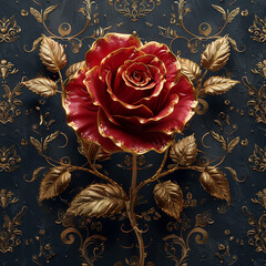 Generative AI red rose with golden ornaments