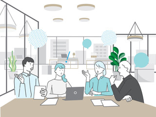 男性と女性ーおしゃれなオフィスでミーティングするビジネスパーソンービジネスチームのイラスト素材