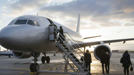 Passengers Boarding Airplane at Sunset