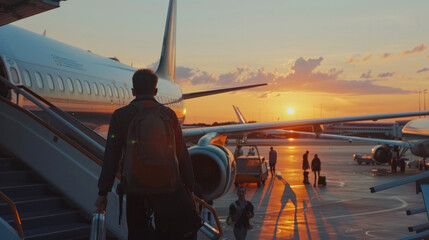 Traveler Boarding Plane at Sunset
