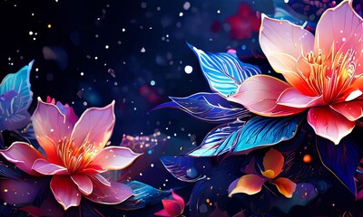 Vibrant colorful flowers set against dark background. For meditation apps, on covers of books about spiritual growth, in designs for yoga studios, spa salons, illustration for articles on inner peace.