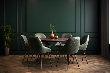 Scandinavian dining room interior in green colors with wooden table and chairs. House apartment design in a minimalist style