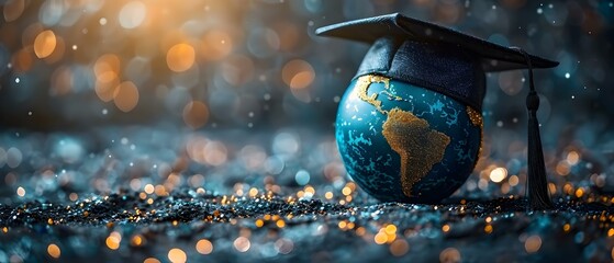Exploring Study Abroad Opportunities: Global Education and Graduation Cap with Earth Globe. Concept Study Abroad Programs, Global Education, Graduation Cap, Earth Globe, International Experiences - obrazy, fototapety, plakaty