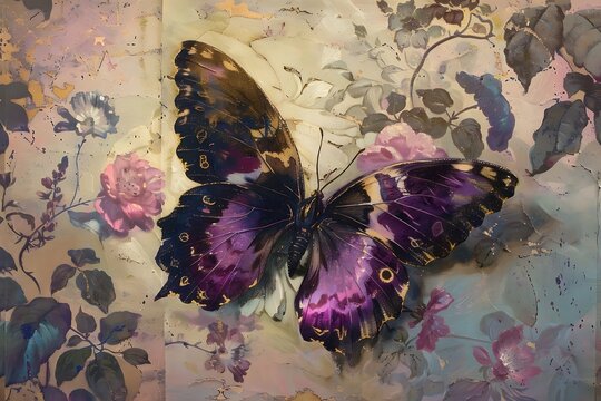 Watercolor painting of purple butterflies on a vintage brown background