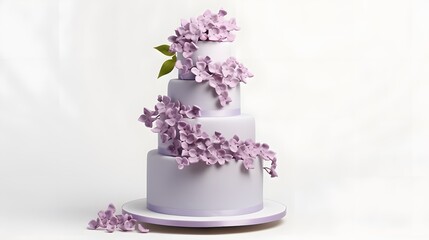Obraz na płótnie Canvas Lilac three-tiered wedding cake decorated with flowers isolated on white background. Elegant holiday desserts concept.