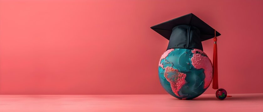 Global education symbol graduation cap with Earth globe study abroad opportunities. Concept Global Education, Graduation Cap, Earth Globe, Study Abroad Opportunities, Symbolism