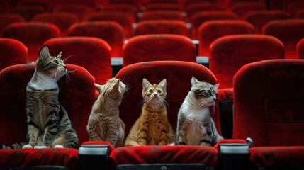 Cats attentively watching a movie in a theater with red seats