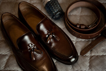 Men's leather shoes, belt and watch	