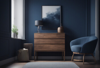Commode with chair and decor in living room interior dark blue wall mock up background 3D render