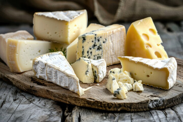 Fototapeta na wymiar Artisan Cheese Selection: A Rustic Board of Gourmet Delights