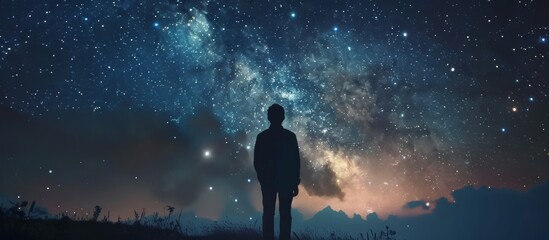 A man standing on a hill looking at the stars - obrazy, fototapety, plakaty
