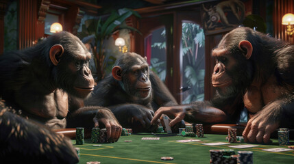 Chimpanzees engaged in a tense poker game, surrounded by a lush jungle visible through the windows behind them. - obrazy, fototapety, plakaty