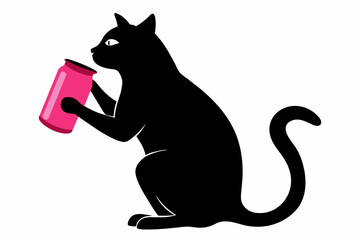 cat drink can beer(pink) vector black silhouette on white background  