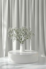3d white ceramic display podium on table against white curtain background. 3d rendering of realistic presentation for product advertising. 3d illustration