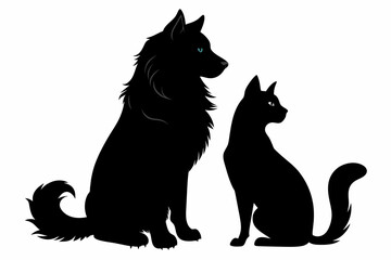 A dog and a Ragdoll sitting together vector silhouette on white background  