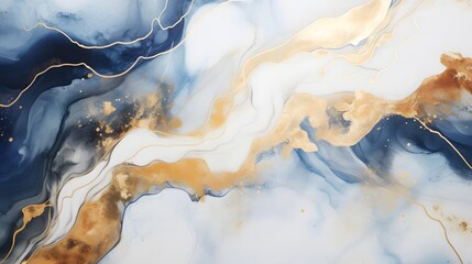 Abstract blue liquid background with glitter golden line and splash. Marble alcohol ink, luxury fluid art painting