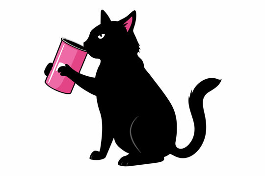 cat drink can beer(pink) vector black silhouette on white background  