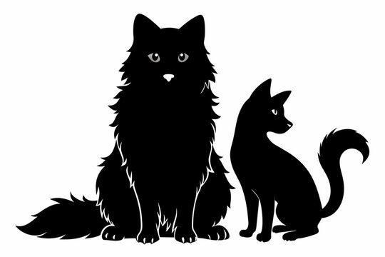 A dog and a Ragdoll sitting together vector silhouette on white background  