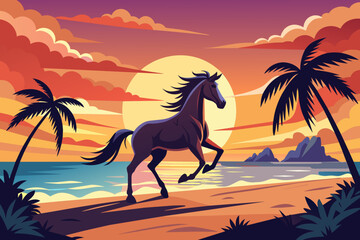 A horse galloping on a beach while a sunset is on the sky vector illustration 