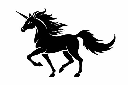 Un unicornio fuerte corriendo vector silhouette on white background