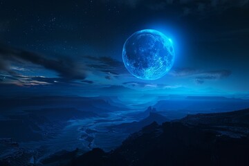 Naklejka na ściany i meble Amazing scenery of blue glowing moon in dark blue sky with clouds at night