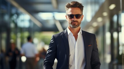 Handsome businessman in suit and sunglasses standing in office lobby