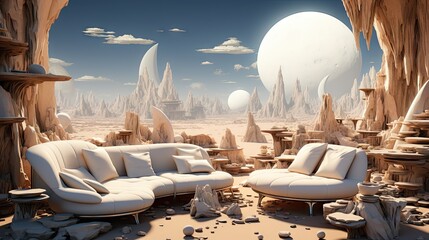 wide angle view of surrealistic moon landscapeUHD Wallpaper - obrazy, fototapety, plakaty
