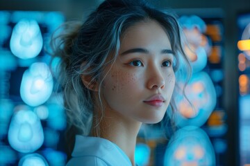 Ethereal young woman with a contemplative expression against a backdrop of futuristic technology