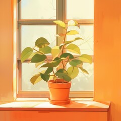 Potted indoor plant green leaves window sill windowsill orange walls