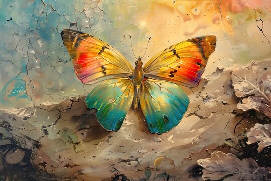 Watercolor painting of rainbow colored butterflies.
