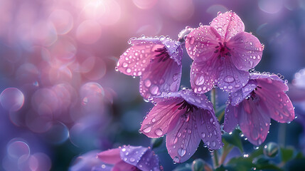 Beautiful bright lilac bell flower in drops of morning dew. Close-up water drops. Generative Ai - obrazy, fototapety, plakaty