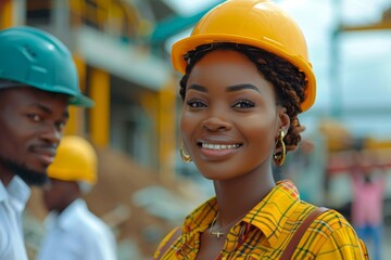 A smiling woman in traditional clothing and hard hat in front of her colleagues at a construction site - obrazy, fototapety, plakaty