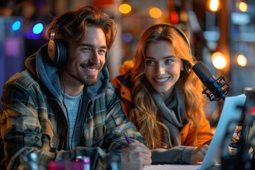 Two people podcasting, smiling joyfully with headphones and microphone, warm indoor light